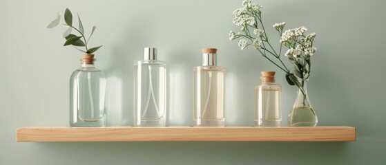 Eco-friendly perfume bottles on a natural wood shelf, green aesthetic, organic fragrances, vibrant and fresh
