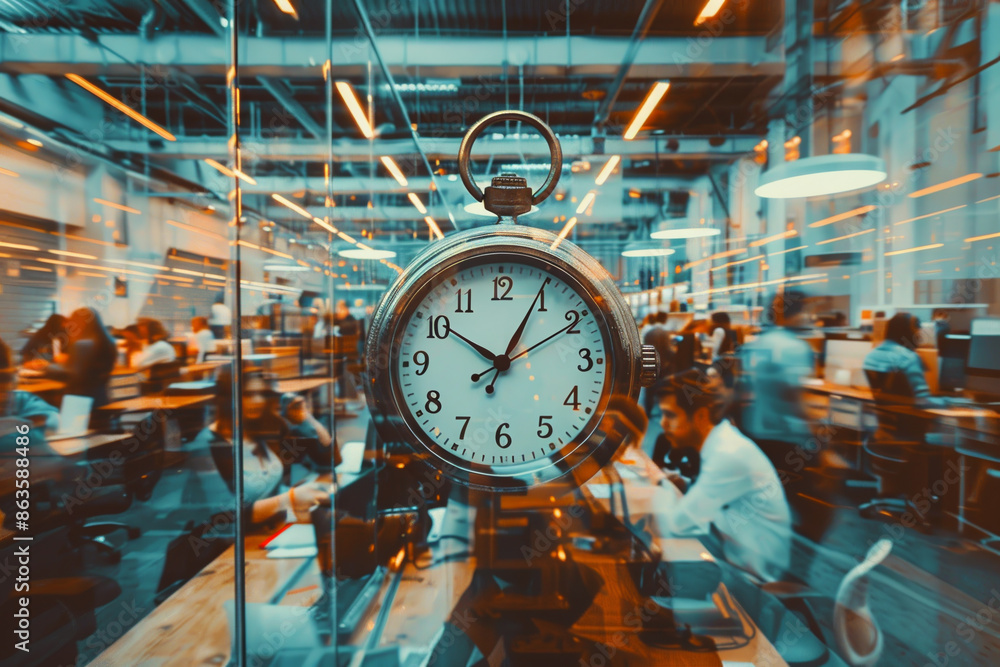 Wall mural a clock is in the middle of a busy office with people working