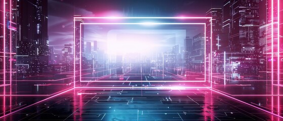Obraz premium Futuristic city with neon billboards, urban night scene, blank digital advertisement space