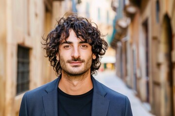 Obraz premium Handsome Young Man with Curly Hair Posing in Urban Alley