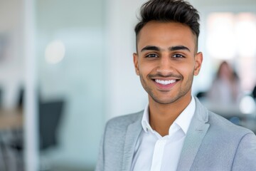 Obraz premium Confident Young Indian Businessman Smiling in Modern Office Environment