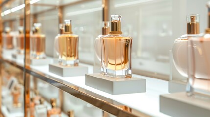 High-end store shelf with perfume bottles, variety of fragrances, vibrant and elegant, luxury aesthetic