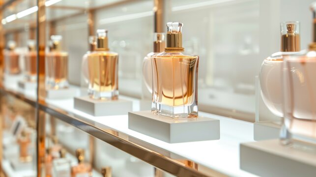 High-end store shelf with perfume bottles, variety of fragrances, vibrant and elegant, luxury aesthetic