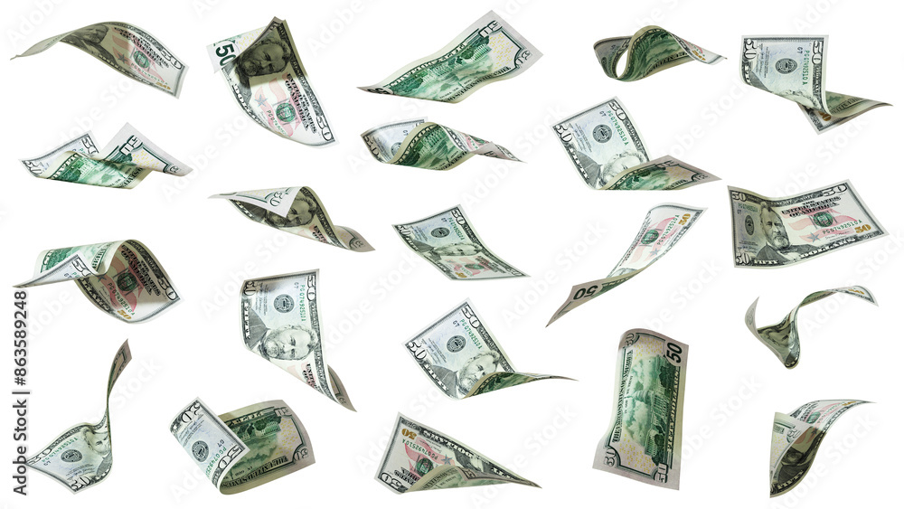 Poster 3d rendering of set of 50 us dollar notes flying in different angles and orientations isolated on tr