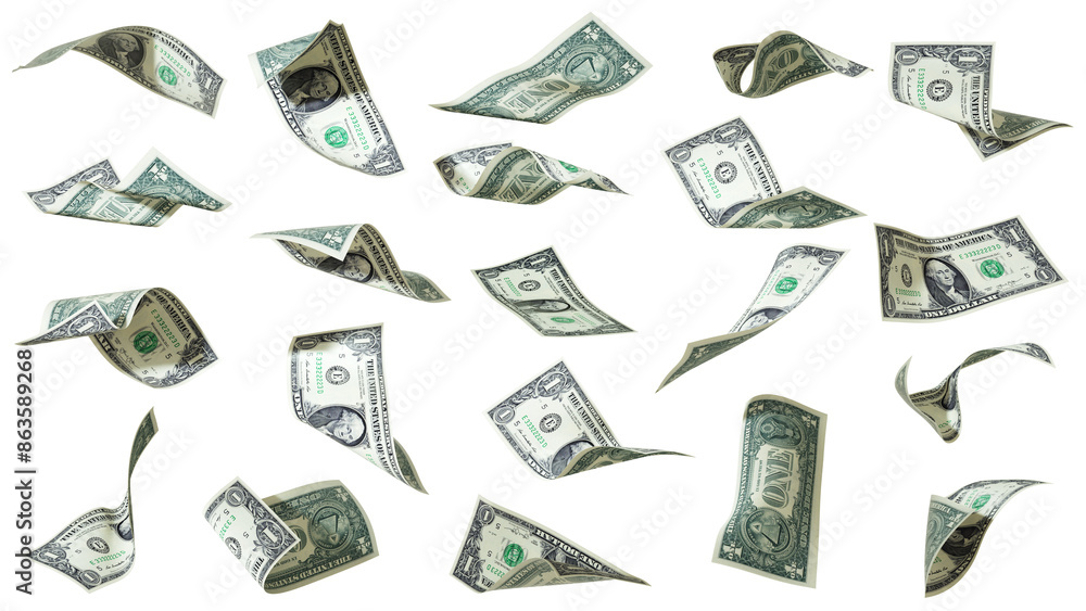 Poster 3d rendering of set of us dollar notes flying in different angles and orientations isolated on trans