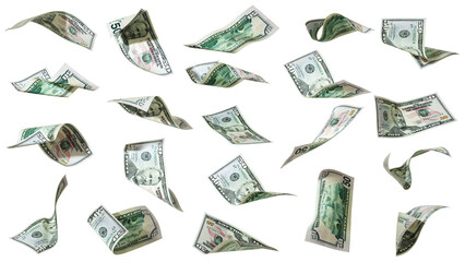 3D rendering of Set of 50 US dollar notes flying in different angles and orientations isolated on transparent background. currency of United states
