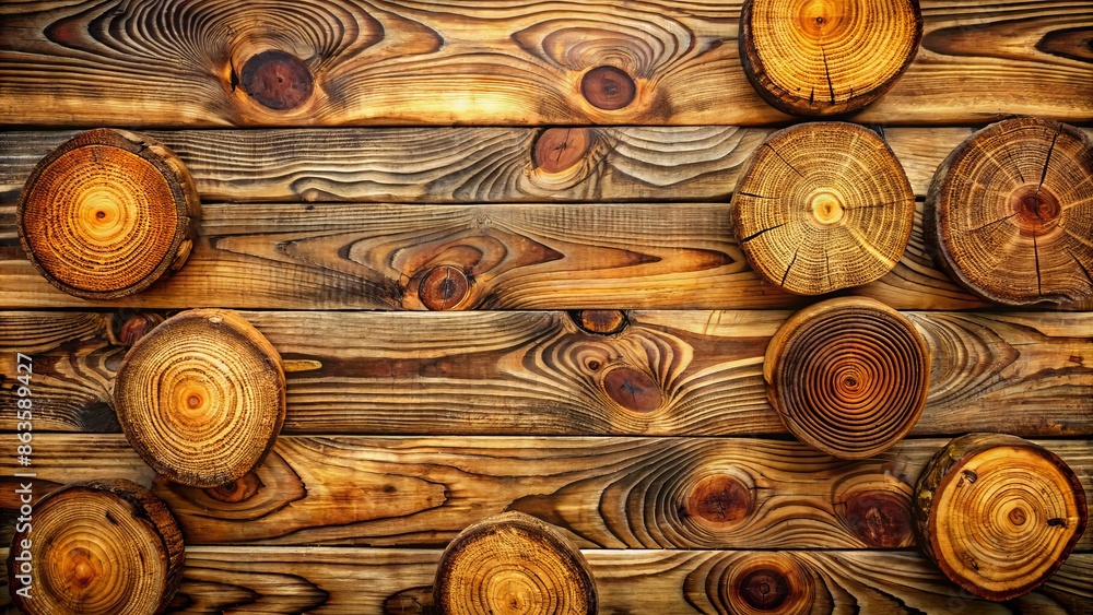 Poster Rustic natural wooden planks with visible tree rings and knots create a warm and cozy textured background with earthy tones and organic patterns.