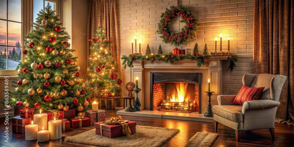 Poster Cozy room with fireplace, festive decorations, and Christmas tree, cozy, room, fireplace, festive, decorations