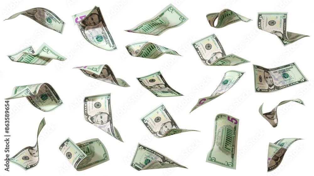 Poster 3d rendering of set of us dollar notes flying in different angles and orientations isolated on trans