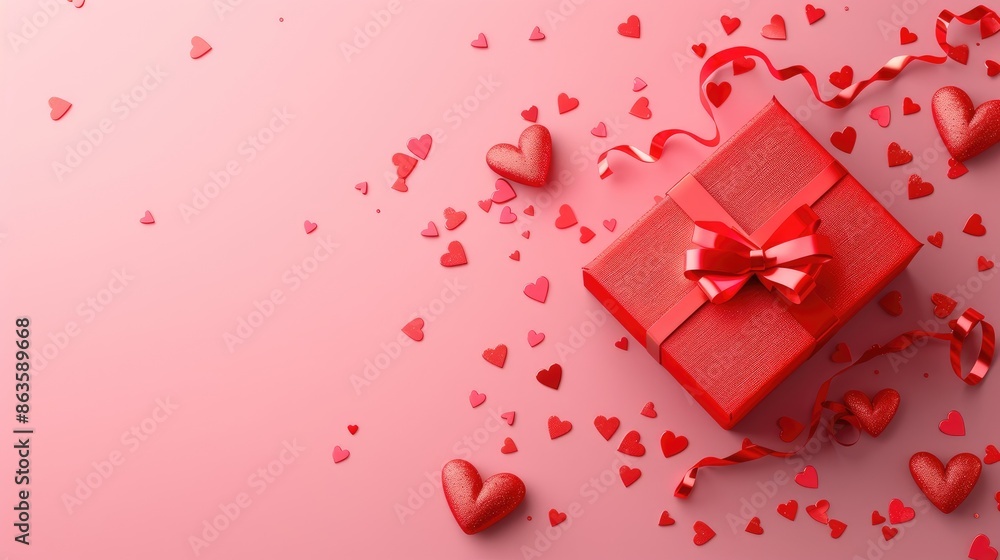 Poster Valentine s Day theme with red gift box and hearts on pink background