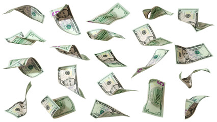 3D rendering of Set of US dollar notes flying in different angles and orientations isolated on transparent background. currency of United states
