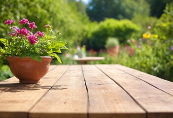 table with flowers for product visualization in the garden