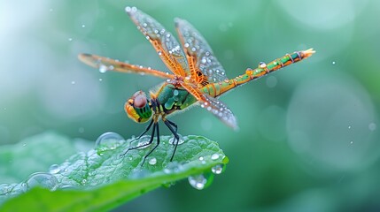 A close-up of a dragonfly perched on a rain-soaked leaf, its wings adorned with tiny droplets. The delicate structure of the wings is highlighted by the droplets, creating a sparkl