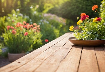 table with flowers for product visualization in the garden