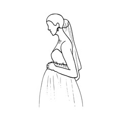 profile of a pregnant woman in a wedding dress and veil - hand drawn line sketch. wedding of a late pregnant bride