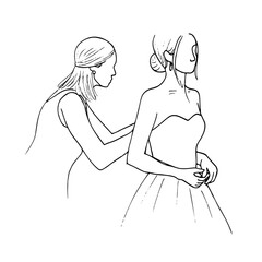 bride and bridesmaid - hand drawn line sketch. female dressmaker helps with dress to woman in bustier dress