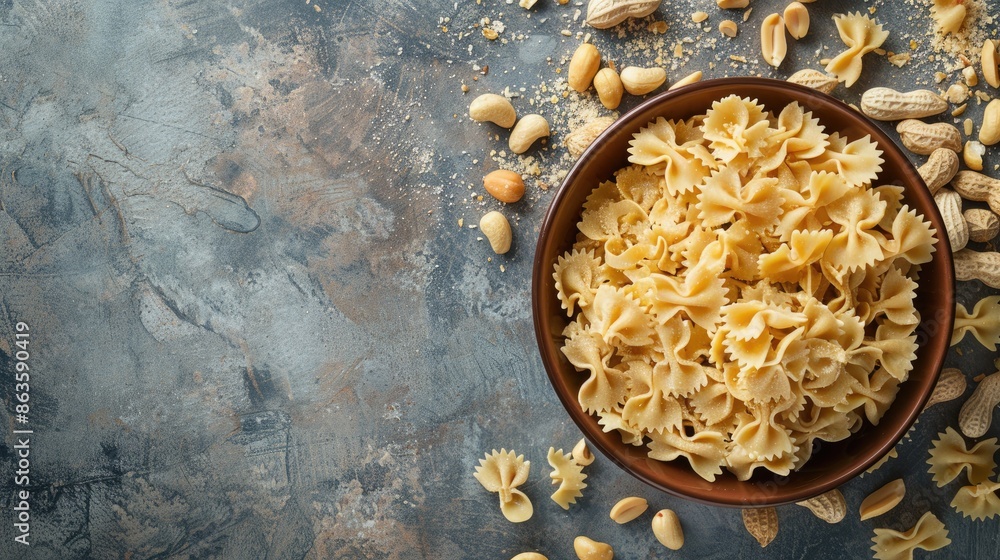 Poster top view of creamy peanut pasta in a small bowl with copy space surrounded by peanuts and peanut but