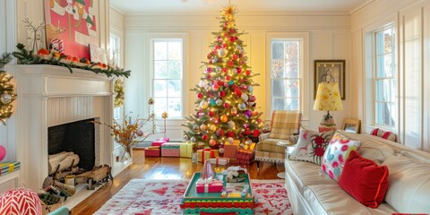 Festive Christmas Living Room Decorated with Bright Colors