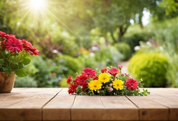 Fototapeta premium table with flowers for product visualization in the garden