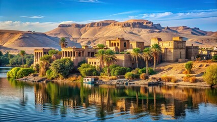 Ancient Egyptian palaces and tombs along the Nile river, ancient, Egypt, Nile river, pharaohs, hieroglyphics