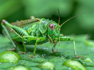 A close-up of a katydid perched on a rain-soaked leaf, its body covered in tiny droplets of water. The vibrant green of the katydid and leaf creates a harmonious palette, with the