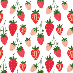 Strawberry seamless hand drawn pattern. Red and Pink Berry background with green leaves.