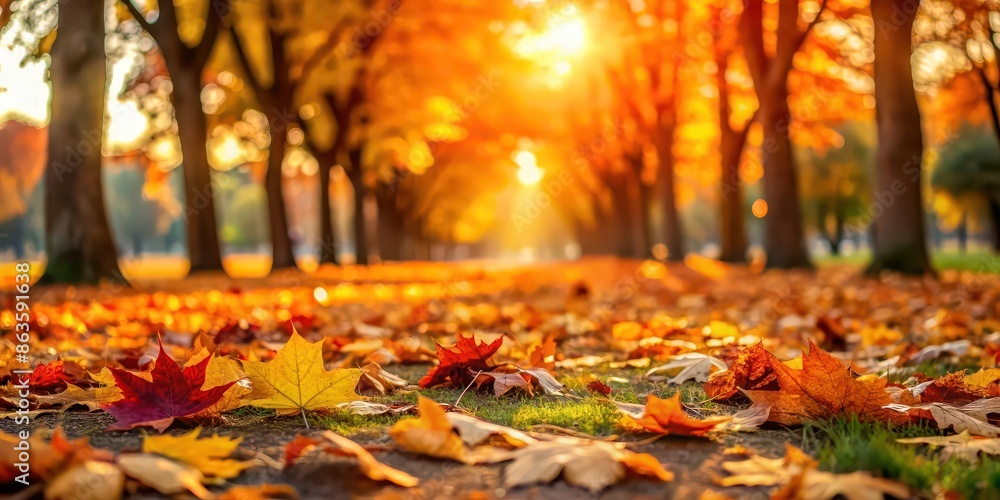 Poster Autumn leaves fallen on the ground in a peaceful park setting, autumn, leaves, park, foliage, nature, seasonal, peaceful