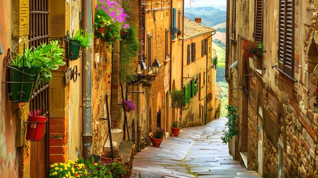 Fototapeta Colorful street in Pienza, Tuscany, Italy