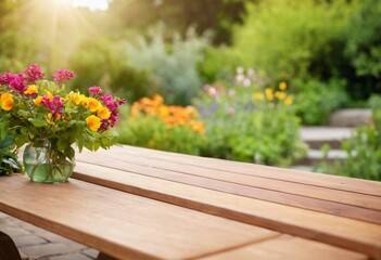 table with flowers for product visualization in the garden