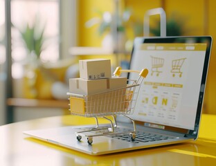 3D illustration of a small shopping cart with boxes on top sitting next to an open laptop computer displaying online marketing graphics and web pages. 
