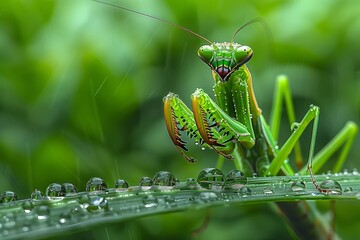 A close-up of a mantis perched on a rain-soaked blade of grass, its body covered in tiny droplets of water. The vibrant green of the mantis and grass creates a harmonious palette,