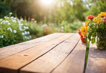 table with flowers for product visualization in the garden
