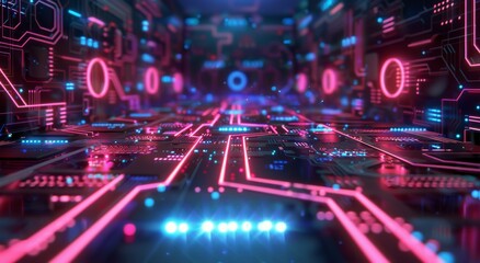 Fototapeta premium Futuristic Neon Circuit Board With Glowing Lights and Digital Displays