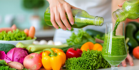 Detox juice concept, Lifestyle vegan nutrition Hand of woman, girl holding bottle making green vegetable smoothie pouring in glass for diet at home kitchen, drinking healthy meal food for weight loss 