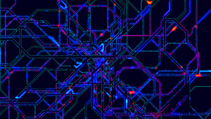 Abstract background of electronic subway map, neon lines move along a given route and create schematic animation. Transport interchange. Abstract multi-colored intersecting lines. 3D rendering.