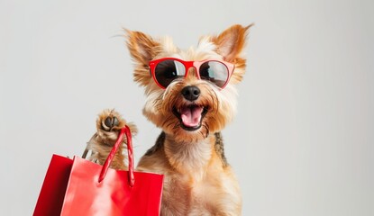 A small dog dressed in fashionable , wearing sunglasses and smiling happily with his head tilted back holding shopping bags on a white background.