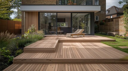 Fototapeta premium The exterior of a back garden patio area with wood decking