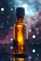 A bottle of essential oil on a dark background.