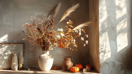 Cozy autumn interior decor arrangement, warm fall home decoration composition, dried flowers in vase