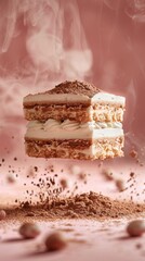 tiramisu cut pieces separated pastel. dessert ads concept for designer