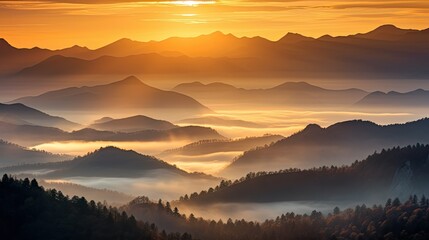 Majestic Mountain Sunrise Over a Sea of Fog. Breathtaking Sunrise with Lush Forest, beautiful Natural Landscape Background