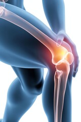 3D rendering of inflamed knee joint with radiating pain, highlighting skeletal structure and medical conditions affecting knees.