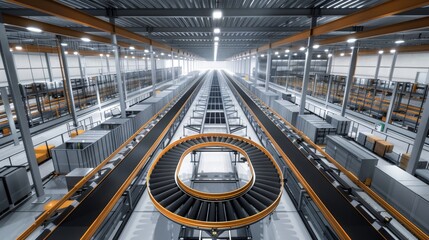 Obraz premium Tech Symphony Futuristic Distribution Center with Automated Conveyors and Systems