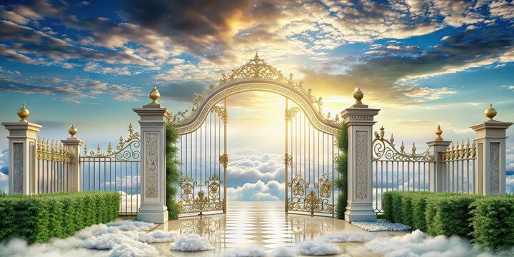 of a grand reception at the gates of heaven , heaven, gates, reception, welcome, entrance, paradise, afterlife, spirituality