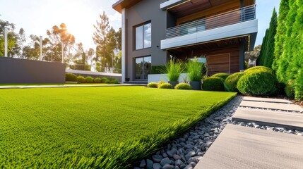Fototapeta premium A contemporary Australian home or residential building's front yard features artificial grass lawn turf with timber edging