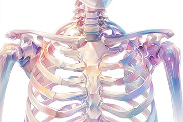 Digital illustration of a human rib cage and collarbone with light pastel colors depicting anatomy and medical concept.