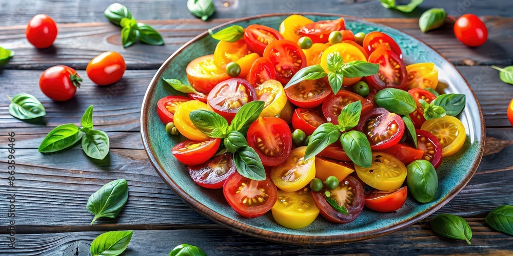 Poster Colorful, vibrant tomato salad with fresh basil leaves , Fresh, organic, ripe, delicious, healthy, appetizing, vegetarian