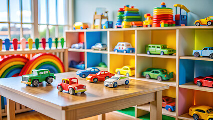 Nursery for young kid with educational vehicle and transport toys. Plastic car at rainbow parking garage