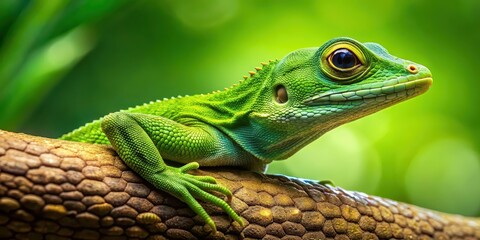 Obraz premium A green lizard camouflaged on a tree branch , reptile, nature, wildlife, forest, camouflage, green