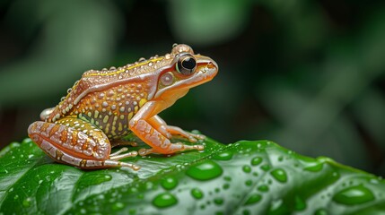 Fototapeta premium A close-up of a tiny frog perched on a rain-soaked leaf, its skin glistening with droplets of water. The vibrant green of the frog and leaf creates a harmonious palette, with the w